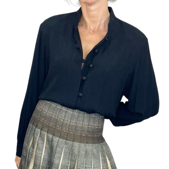 Vintage Tops - Vintage Canadian made black boxy mandarin collar long sleeve blouse 16